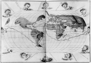 Mapa mundial trazando el viaje mundial de Magallanes, del 